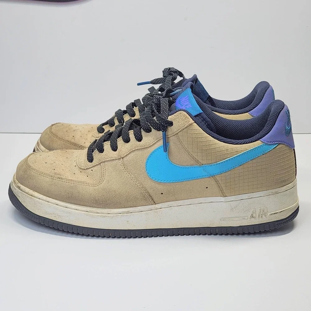Nike Air Force 1 Low Shoes Mens Size 13 Beige Blue Suede Sneakers CD0887-201